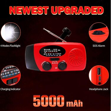 Радіо NOAA iRonsnow 5000 mAh для надзвичайних ситуацій: FM/AM, ручний привід, сонячне, з SOS, LED-ліхтарик, зарядка для телефону, кемпінг, виживання (чорний)
