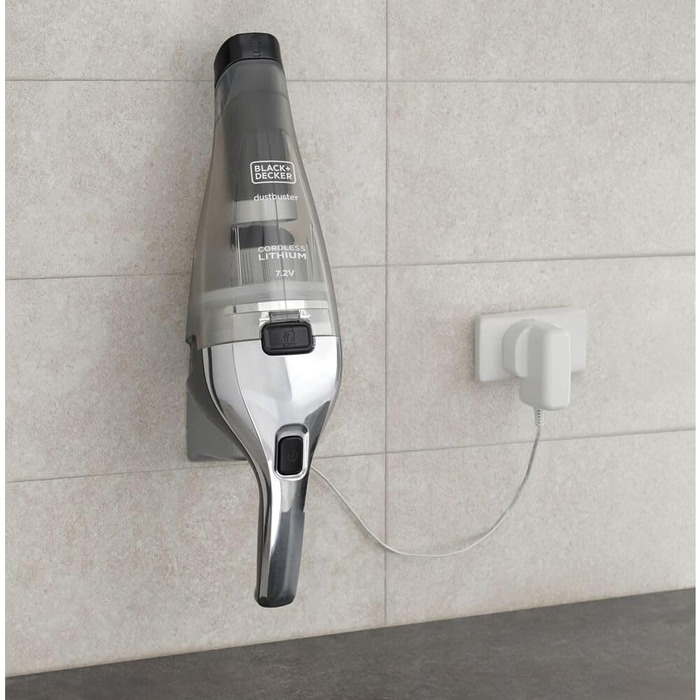 Акумуляторний пилосос ручний BLACK+DECKER Dustbuster NVC220WBC 7.2V (1.5Ah), сірий металік, 385 мл, без мішка, з насадкою для щілин та док-станцією