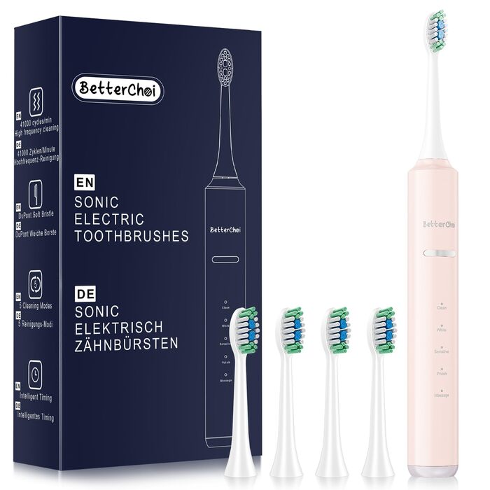Електрична зубна щітка Betterchoi з магнітною левітацією, 41 000 VPM, 4 насадки, IPX7, 180 днів роботи, 5 режимів, таймер, рожева