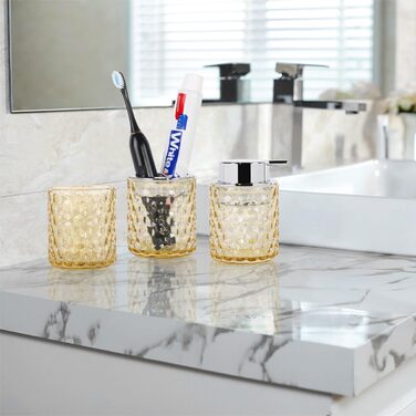 Pink bathroom accessory set made of glass, including a toothbrush holder, soap dispenser, and cup, foaming soap dispenser and toothbrush holder, 3 pink bathroom cups for brush, toothpaste (amber and silver).