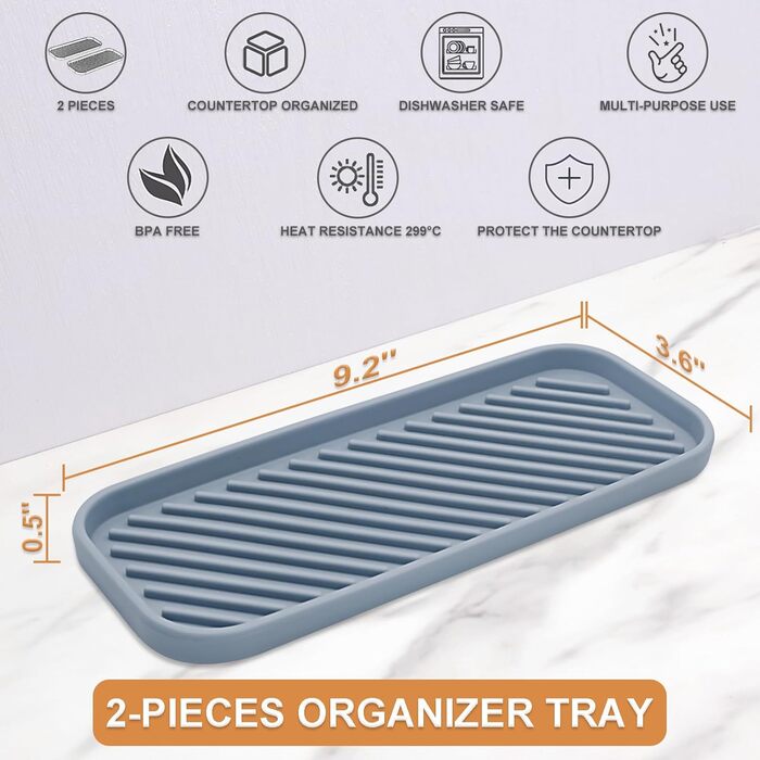 Стильний тримач для мила з силікону для раковини, органайзер для кухні, ванної, туалетного столика, столу, зберігання губки, мила, щітки, косметики, пляшок, довговічний, 2 шт. (23.5 x 9.5 x 1.4 см, Сірий)