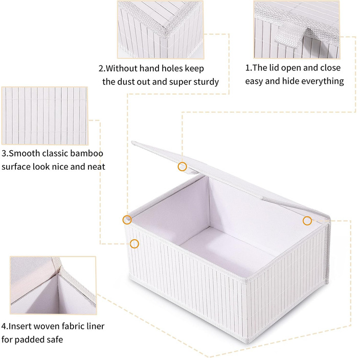 Honeycomb Storage Basket with Lid, Woven - Bamboo Decor Storage Boxes, Set of 3 Rattan Basket with Lid Woven Fabric Insert for Bathroom Kitchen Shelf Organization (Large/Medium/Small) (White)