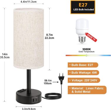 Настільна лампа Kakanuo з торшером, USB-порт, регулювання яскравості, тканинний абажур, для спальні, вітальні, дитячої кімнати, офісу (з лампочкою), білий/бежевий