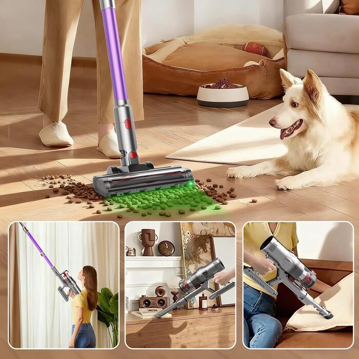 Бездротовий пилосос Hearten 4-в-1 з акумулятором, LED-дисплеєм та щіткою проти намотування, керуванням в один дотик, LED-підсвічуванням для шерсті тварин/килимів/твердих підлог, фіолетовий