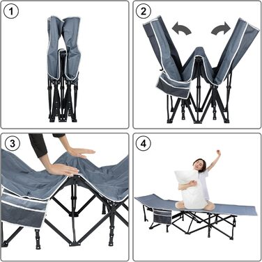 Розкладне ліжко-крісло для кемпінгу з сумкою для зберігання, до 250 кг, 190x62x38 см, для дорослих, відпочинку на природі, в саду, в подорожах