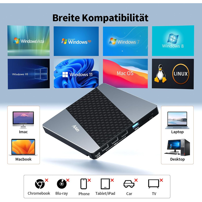 Зовнішній USB 3.0 CD/DVD-записувач Alxum з картридером SD/TF та додатковим USB-портом, Plug & Play для Windows, Linux, Mac OS, T039A