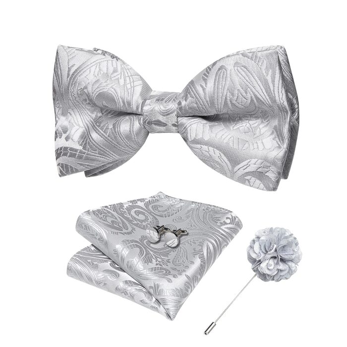 Метелик DiBanGu з шовку Пайслі для чоловіків + нагрудна хустинка, краватка-метелик, комплект для весілля, вечірки, балу (Срібний 194)