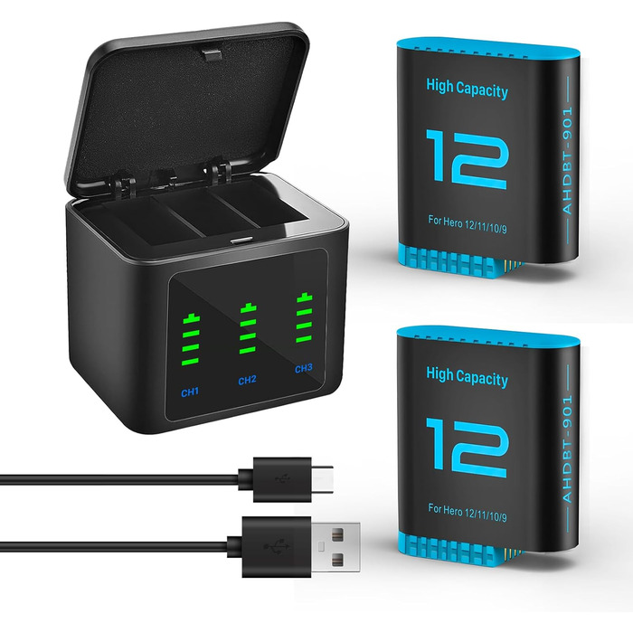 Зарядний комплект Hero12: 2 акумулятори 2580mAh + триканальна зарядка з LED-індикатором для GoPro Hero 12/11/10/9 Black