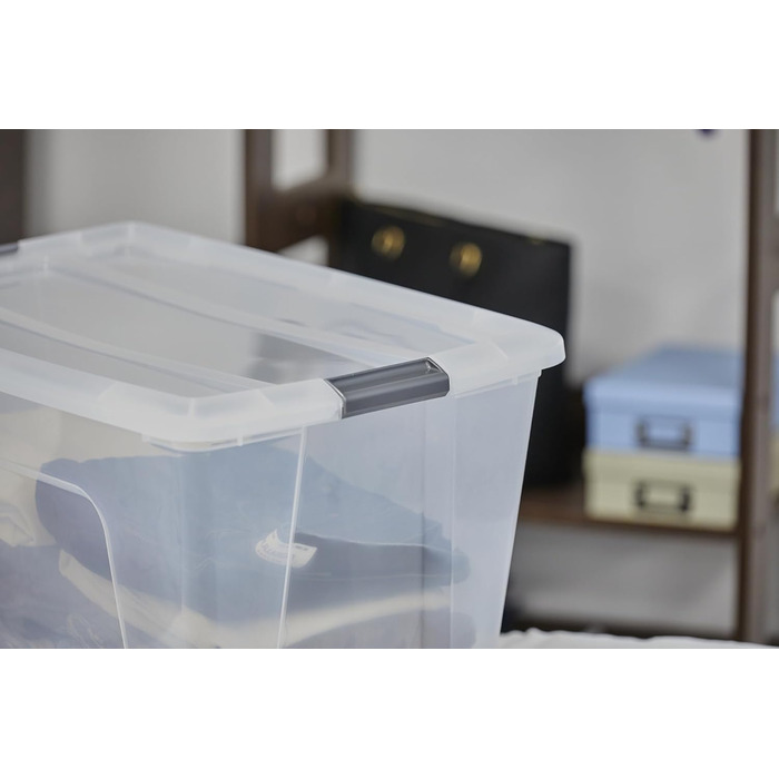 Iris Ohyama Storage Boxes with Lids, 60L, Set of 4, Silver, Secure Closure, Stackable, Handles, for Bedroom, Closet, Office, Organization, BPA-Free Plastic, Storage Boxes, NTB-60