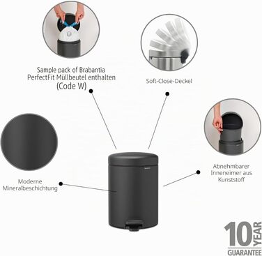 Сміттєвий відер Brabantia з внутрішнім пластиковим відром, сталь, матовий колір Mineral Infinite Grey, 5 л