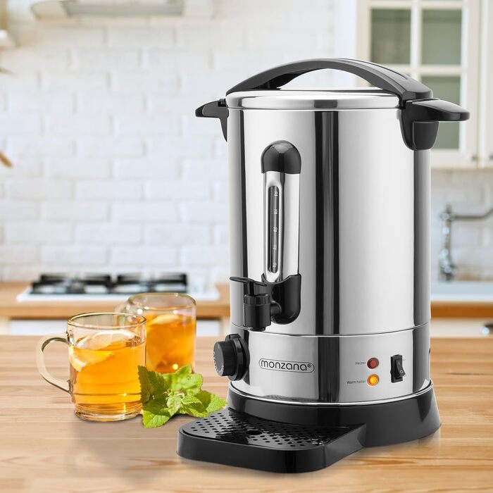 MONZANA® Glühwein Cooker 6.8L with Tap, Drip Tray, Thermostat 30-110°C, Hot Beverage Dispenser, Stainless Steel, Canning Pot, Punch Cooker, Hot Beverage Machine