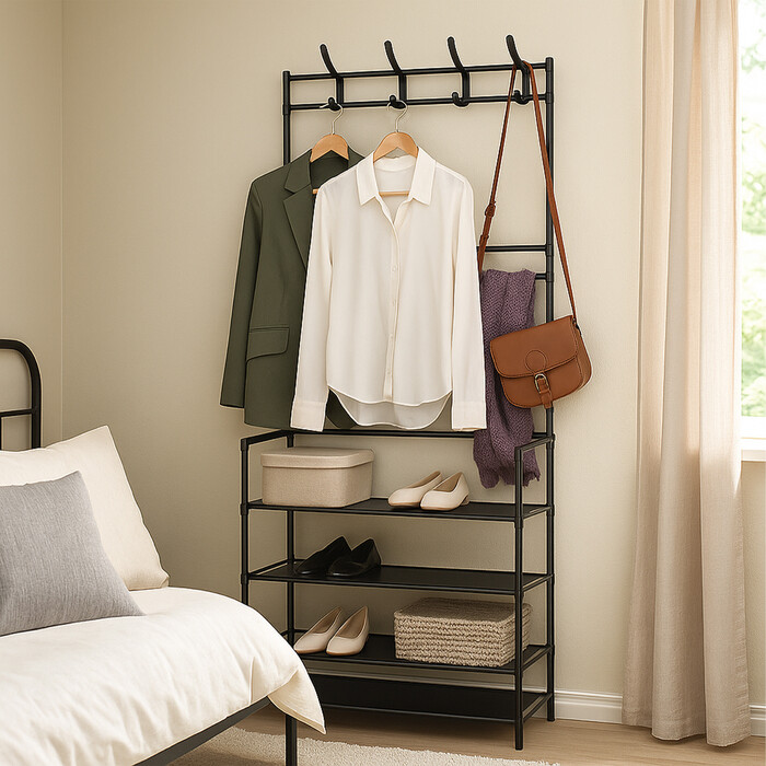 Relaxdays Coat Rack with 4 Shelves - Black