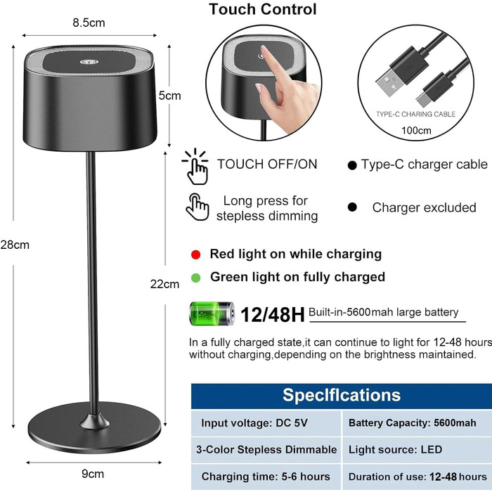 Акумуляторний LED настільний світильник з димером, 2 шт. Бездротовий сенсорний світильник USB-C, металевий, водонепроникний (IP54), 5600mAh, 5W, чорний