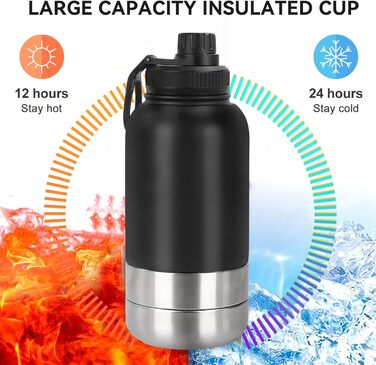 Водяна пляшка для собак на 950 мл з мискою – ізольована сталева пляшка для води, портативна, BPA-free, для подорожей та прогулянок (Чорний, L)