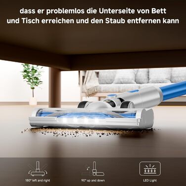 Бездротовий акумуляторний пилосос 35KPA/45Mins з LED-підсвічуванням, HEPA-фільтром та потужною насадкою для твердих підлог, килимів та шерсті тварин (Блакитний)