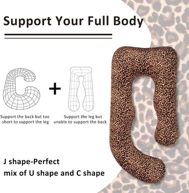 Подушка для вагітних Chilling Home J-подібної форми, подушка для тих, хто спить на боці, подушка для годування, велика подушка для підтримки, подушка для жінок та тих, хто спить на боці (леопардовий принт)