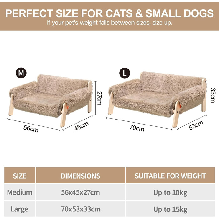 MEWOOFUN Elevated Cat Bed Sofa made of Wood, Sturdy Large Cat Sofa – Fashionable Cat Stool with Removable Mattress Cover. Supports up to 10 kg (70x53cm, Light Brown)