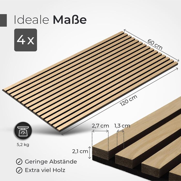 Акустичні стенові панелі з натурального дуба та чорного фетру, 120x60 см, набір 4 шт. — 3D панелі для шумоізоляції та оздоблення стін