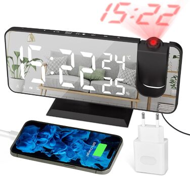 Projection Alarm Clock Digital LED Alarm Clock with Charger, Radio Alarm Clock with USB Charging Port, Dual Alarm Clock, LED Mirror Display, Adjustable Brightness, Temperature and Humidity Display, Black