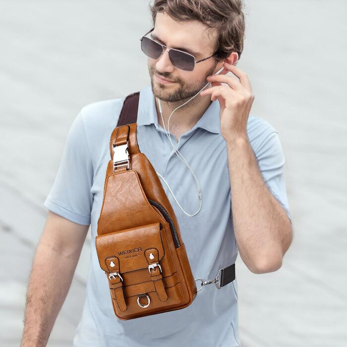 Чоловіча нагрудна сумка через плече з PU-шкіри, водонепроникна, світло-коричнева