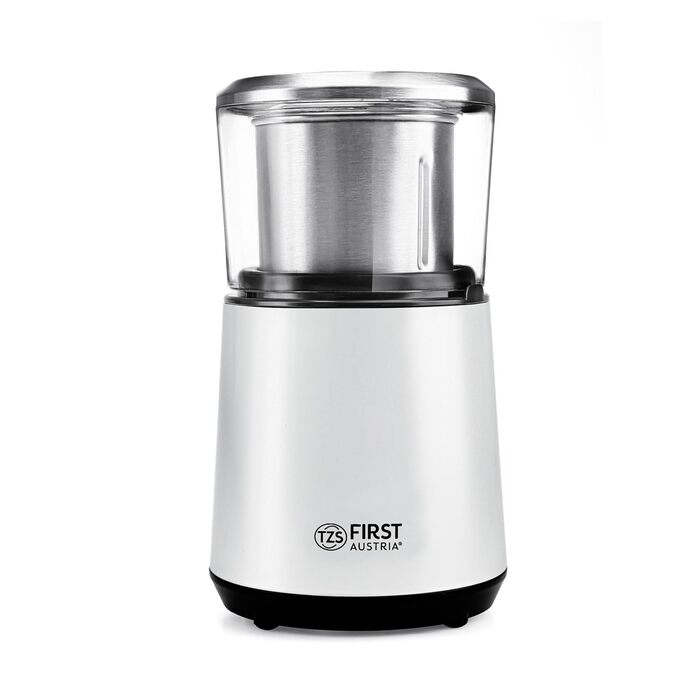 Електрична кавомолка TZS First Austria, 200W, 27000 об/хв, 4 леза з нержавіючої сталі, контейнер 50г, тиха, компактна, легка у чищенні, з котушкою для кабелю (біла)