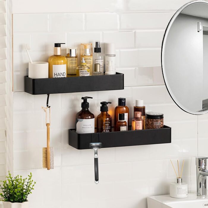 NOSTHEART Shower Shelf No Drilling, 2 Pack Shower Rack Organizer with Hooks, 38-40cm Bathroom Shelf with Large Capacity, Shower Basket for Bathroom and Kitchen