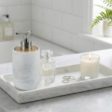 Набір для ванної кімнати 4 предмети з піддоном - дозатор для мила (цинк), стакан для зубних щіток, мильниця та поличка - мармуровий малюнок, бамбук - сучасний органайзер (піддон Marble)