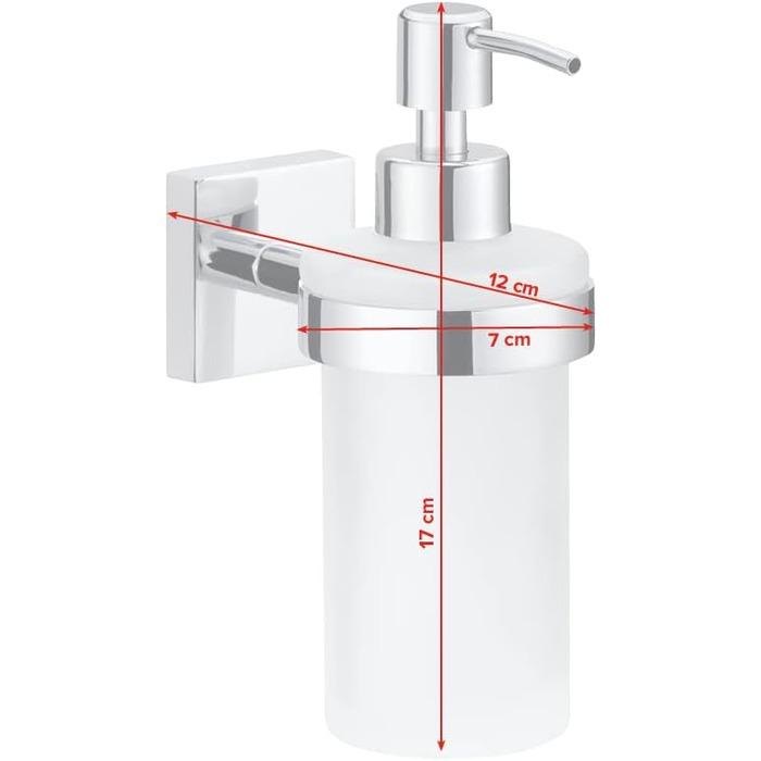 tesa EKKRO Soap Dispenser Set, satinized glass and chrome-plated stainless steel - Wall-mounted liquid soap dispenser without drilling, including adhesive solution - 70mm x 170mm x 125mm