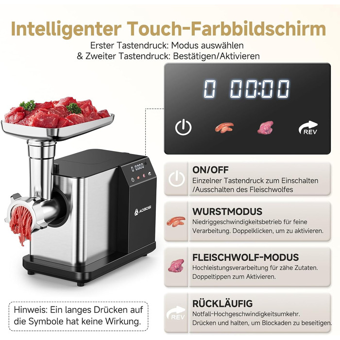 AAOBOSI Electric Meat Grinder - 3000W, LED Display, 3 Speeds, Anti-Clogging, Sausage Maker & Kibbeh Maker - Stainless Steel for Home Use