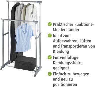 WENKO Clothes Rack, Folding, Clothes Storage with Adjustable Clothes Rod and Wheels, Plastic/Metal, 88 x 100-168 x 11-49 cm, Chrome/Grey (168 x 44 x 163 cm)