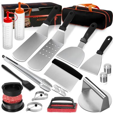 Набір аксесуарів для грилю JUAUO 27TLG: Тепаньякі, прес для бургерів, щипці, сумка, нержавіюча сталь (27 шт.)