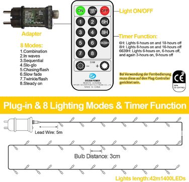 Льо́хка гірлянда 1400 LED для дому та саду: 8 режимів, пульт, таймер, вологостійка, тепле світло, для декору вечірок, свят, ялинки