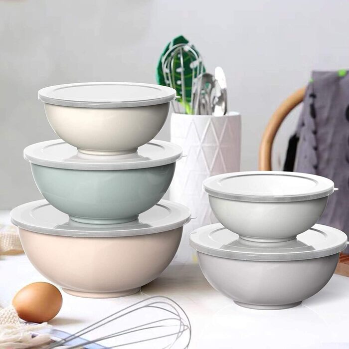 Mixing Bowl Set of 6, Plastic Cereal Bowl with Lid, Bowl with Lid, Includes 2 Forks & 4 Measuring Spoons, BPA-Free & Stackable, Ideal for Mixing and Serving (Khaki, 18)