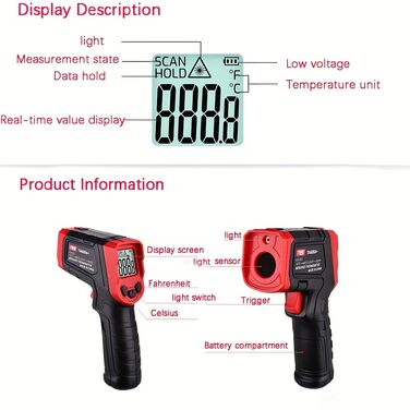 Інфрачервоний термометр лазерний, цифровий -37°F~1022°F / -32°C～400°C. Ідеально для приготування їжі, гриля, барбекю, вимірювання температури м'яса та цукру. Не для вимірювання температури тіла людини.