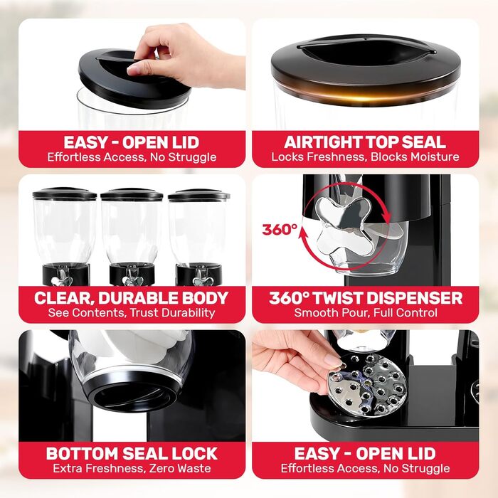 Набір контейнерів для зберігання круп та сухофруктів Sinceroduct (3 шт, 6л, чорний)