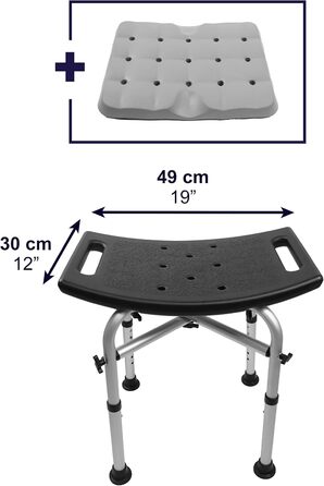 KMINA Shower Stool for Seniors - 150 kg Capacity, Double-Reinforced Crossbar, Cushion, Height Adjustable, Black, Tool-Free Assembly - Made in Europe