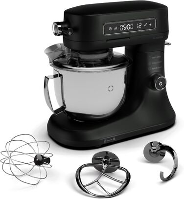 Кухонна машина Klarstein Chiara 1600W з чашею 5л з нержавіючої сталі, 12 швидкостей, LCD-дисплеєм, тиха робота ≤72 dB, набір для випічки, сумісний з посудомийною машиною, корпус з алюмінію, чорний колір