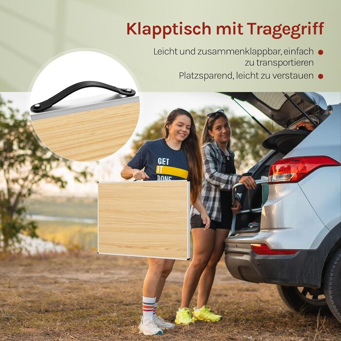Складаний столик Woltu для кемпінгу та відпочинку на природі 100x60 см, регульована висота, алюмінієвий каркас з MDF, для кемпінгу, саду, заходів та ринків (світлий дуб)