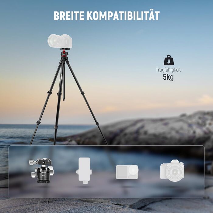 NEEWER Штатив для камери 169см, легкий, з кульковою головкою, Arca тип, тримач для телефону, максимальне навантаження 11lb, TP12