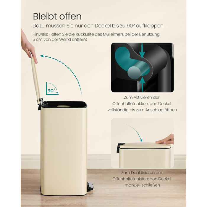Відро для сміття SONGMICS з педаллю, сталеве, з внутрішнім відром, Soft-Close, 30 л, пісочно-бежевий
