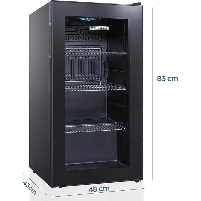 Міні-холодильник Heinrich з скляною дверцятами: компактний, тихий (40dB), LED-підсвічування, для офісу, кемпінгу, саду, об'єм 88 літрів, 3 полиці