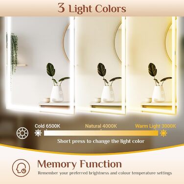 Дзеркало для ванної кімнати Clevich з підсвічуванням 70x50 см, LED, 3 кольори світла, регулювання яскравості, захист від вибуху, сенсорне керування, пам'ять, антизапар, для ванної кімнати