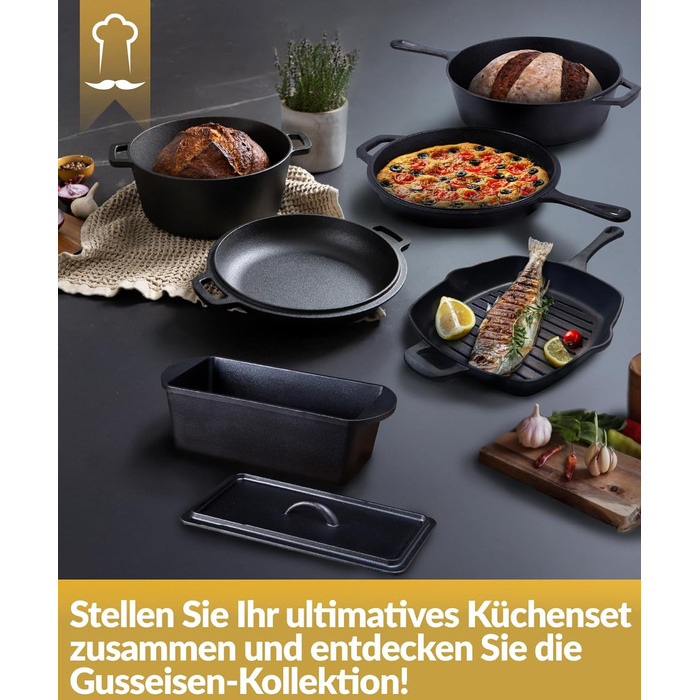 Чавунна гриль сковорода Chefarone 25.5 см з носиком – емальована сковорода для стейків, підходить для індукції, газу, склокераміки та духовки