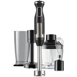 Блендер ручний BLACK+DECKER BXHBA1500E, 1500 Вт, 20 швидкостей, турбо, нержавіюча сталь, з насадками (віночок, подрібнювач, мірний стакан), захист від бризок