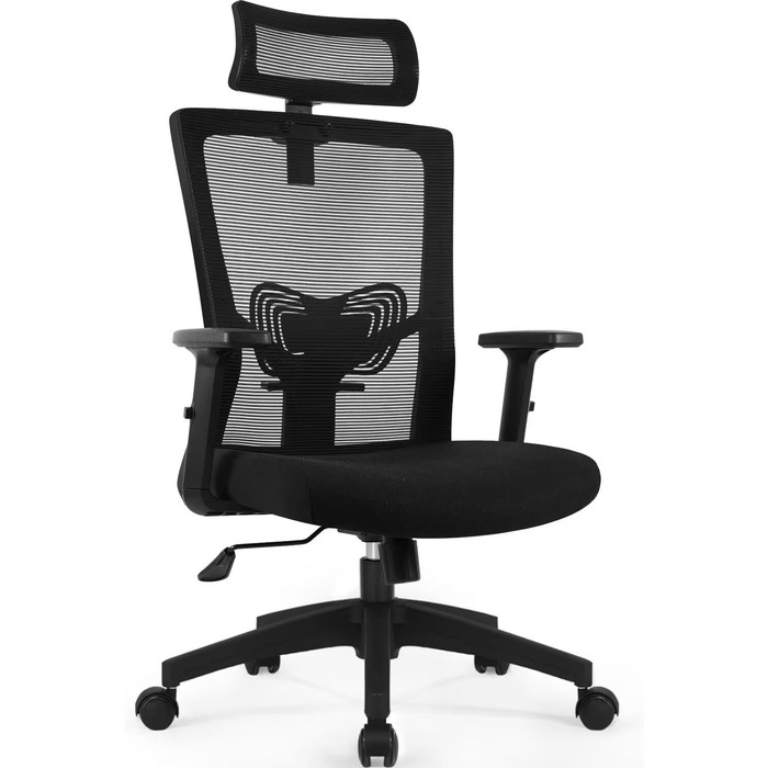 Ергономічне крісло Daccormax для офісу: регульована підголовник, підлокітники, підтримка попереку, поворотний механізм, функція гойдання, сітчасте крісло для начальника, чорний, до 150 кг