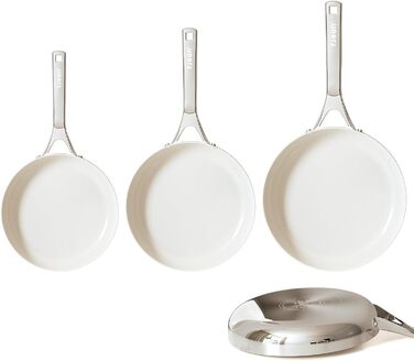 Набір сковорідок з керамічним антипригарним покриттям Tjean (без PTFE, PFOA, PFAS) з нержавіючою ручкою, підходить для індукційних, газових, електричних плит та духовки до 280°C (кремовий, 20+24+28 см)