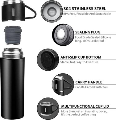 Stainless Steel Thermos Flask with Cup and Handle - 500ml Insulated Travel Mug, Leak-Proof, Double-Walled, Vacuum Insulated, Hot/Cold for Kids, Sports (Black)