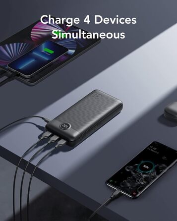 Power Bank VEGER 30000mAh 20W PD: Швидка зарядка, LED дисплей, 4 виходи, 2 входи, USB-C, сумісний з iPhone, iPad, планшетами