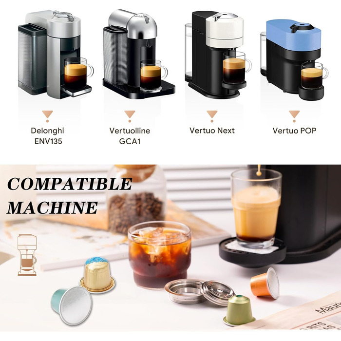 FOVNOT Reusable Coffee Capsule Adapter, 150 ML Stainless Steel Coffee Pad Adapter Coffee Pad Converter with 4 Stickers Compatible for Vertuo Next/Vertuo POP/Vertuoline GCA1/Delonghi ENV135