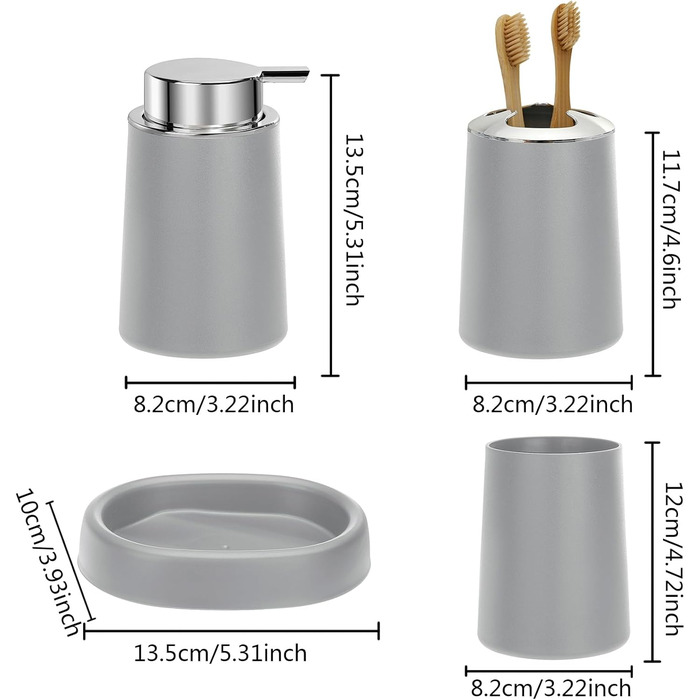 Набір аксесуарів для ванної кімнати FEILANDUO (4 шт.), сірий: мильниця, дозатор мила, тримач для зубних щіток